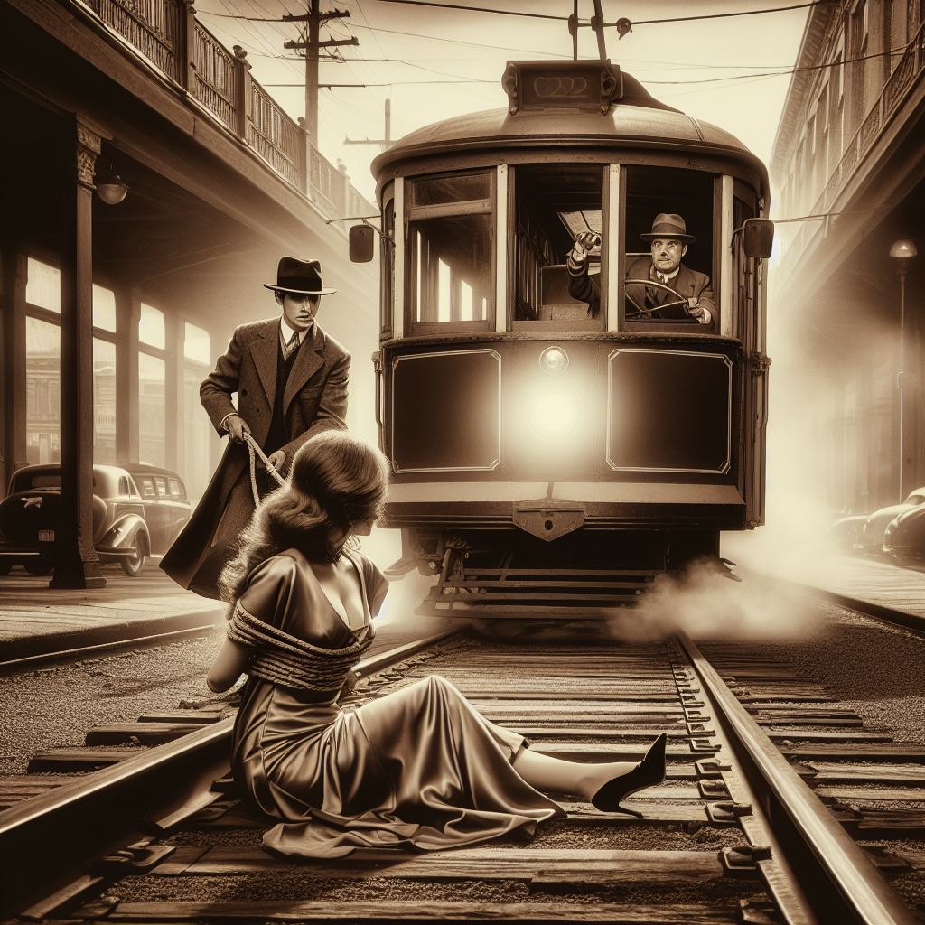 Trolley Car about to hit Damsel tied to tracks