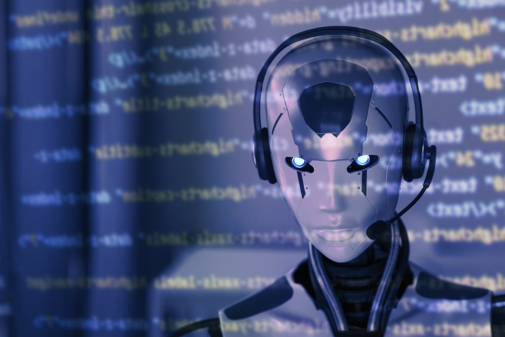 Robot face with computer code on screen