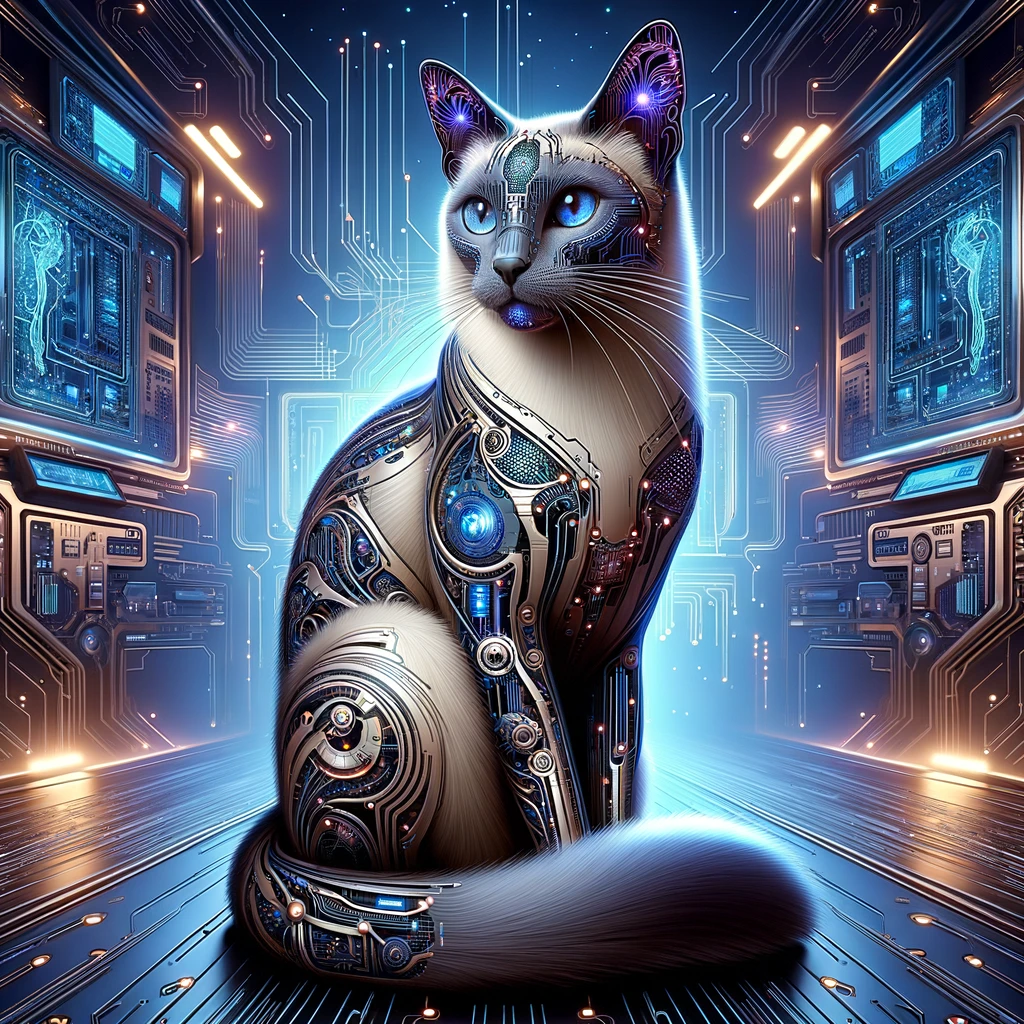 Blue Eyed Siamese Cat made of circuits