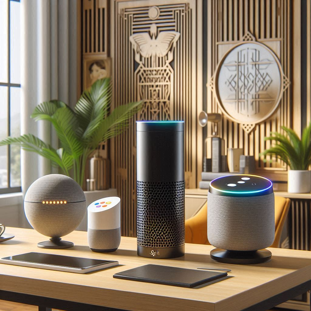 Virtual Assistants Siri Alexa and Google in Home Office